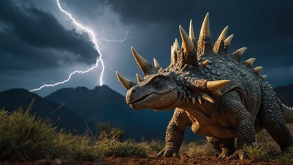 A dinosaur-like creature stands in a dramatic landscape with lightning striking in the background.