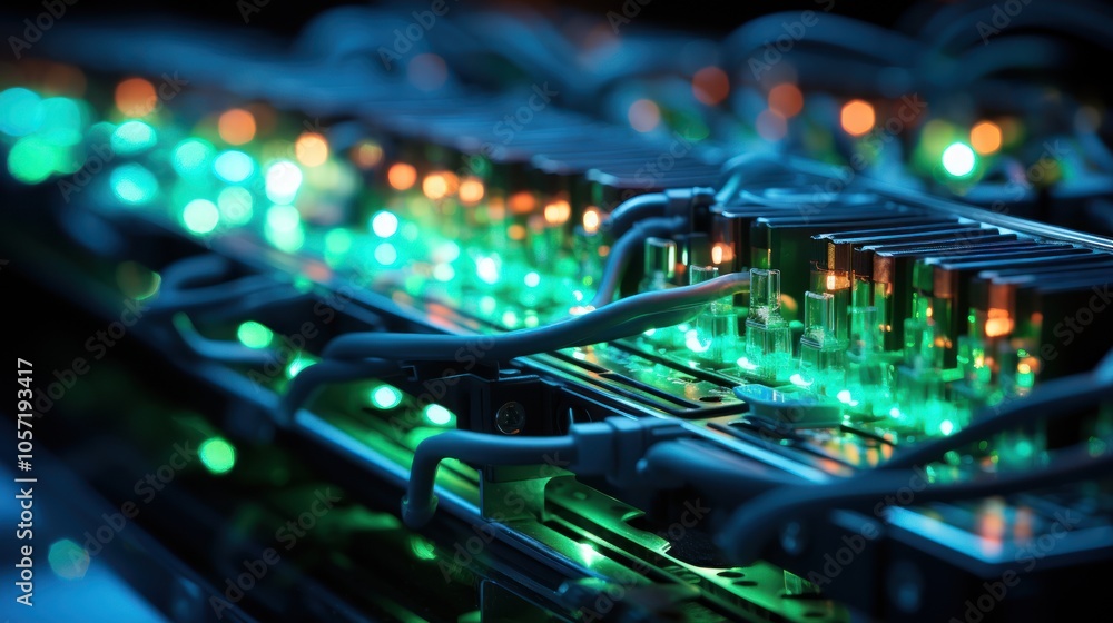Poster close-up of illuminated circuit board components with glowing lights and connections.