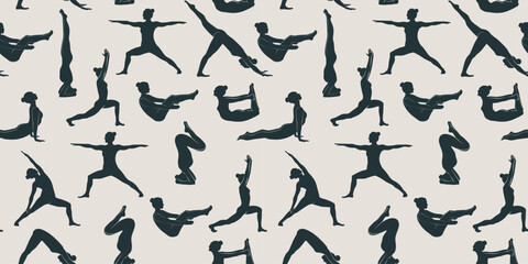 Woman doing yoga seamless pattern. The concept of sport, gym, yoga, pilates, fitness, meditation and relax. Health care and lifestyle concept. Vector illustration.