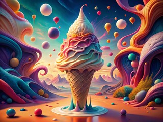 Fototapeta premium Surreal Vanilla Ice Cream Delight: A Dreamy Dessert Fantasy for Food Lovers and Art Enthusiasts
