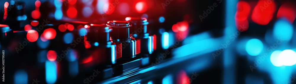 Poster a close-up of illuminated electronic components with vibrant red and blue lights, creating a futuris
