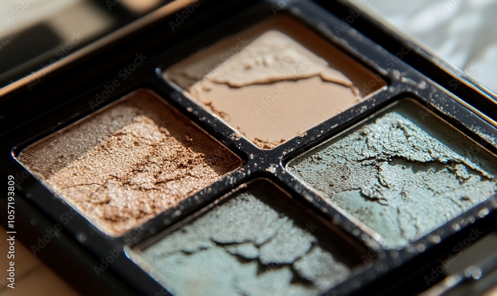 Poster close-up of an eyeshadow palette with four colors, showing the texture and depth of the pigments.
