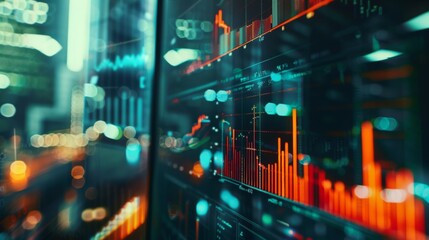 Financial data charts displayed in vibrant city setting