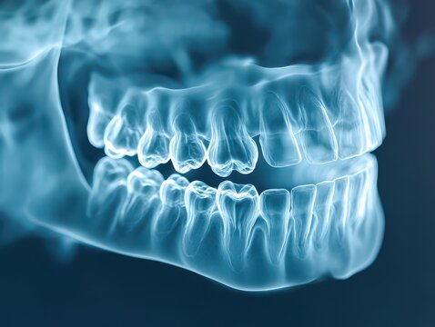 X-ray scan of human teeth, highlighting important dental details. Professional photo taken with a professional DSLR camera.