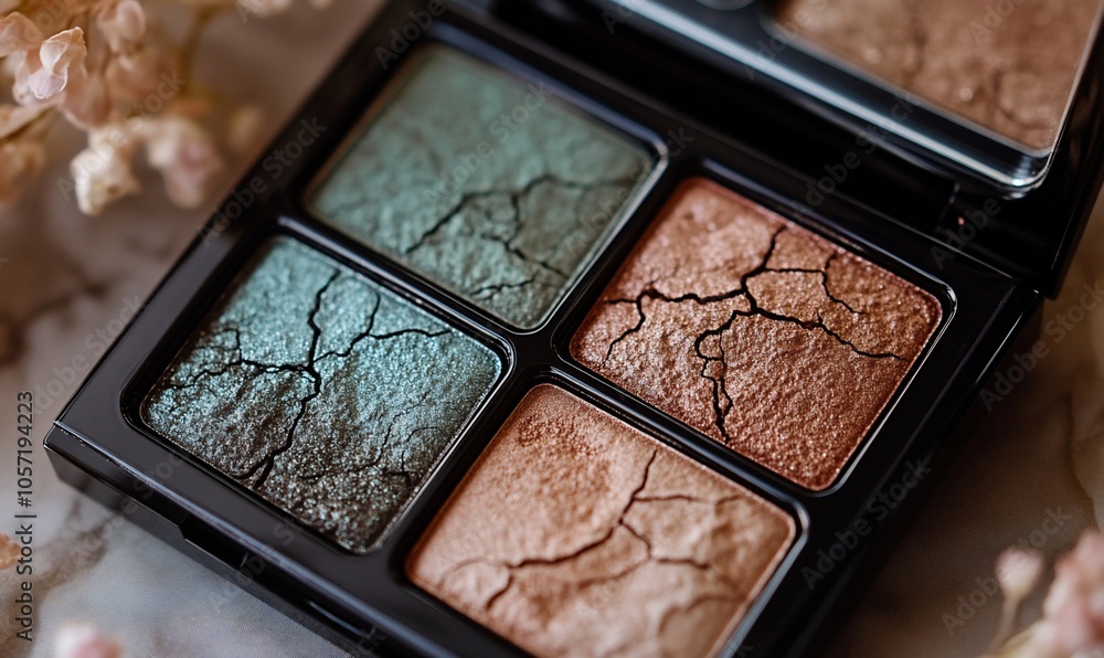 Poster close-up of an open eyeshadow palette with four different colors. the colors are arranged in a 2x2 g