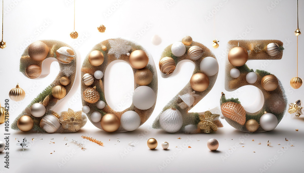 Poster the combination of the number 2025 with the best design and combination of festive elements and orna