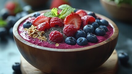 Vibrant acai smoothie bowl, fresh berries, chia seeds, granola, rustic wooden bowl, healthy breakfast option, colorful and nutritious