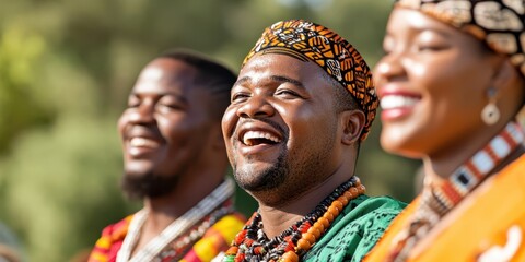 Fototapeta premium Joyful group celebrating together, showcasing vibrant traditional attire and smiles in a cultural setting.