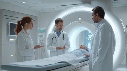 Obraz premium Team of three doctors discussing MRI scan results of a patient’s head in a consulting room at a modern hospital.