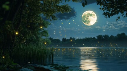 Summer moon shining over a calm lake, reflecting its bright light generative ai