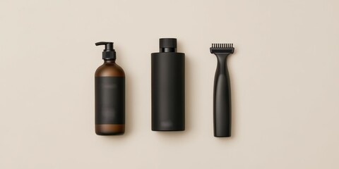 Modern grooming set featuring a pump bottle, a sleek container, and a razor on a beige background.