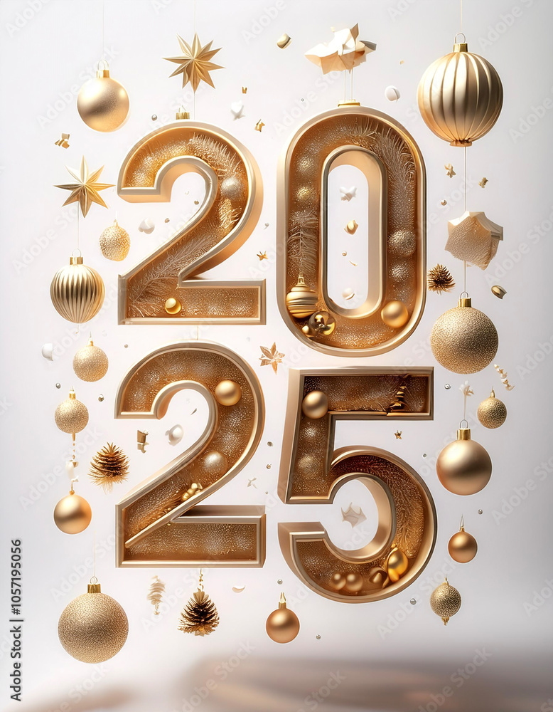 Poster the combination of the number 2025 with the best design and combination of festive elements and orna