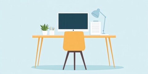 Modern workspace featuring a desk with a computer, lamp, and plant on a light blue background.