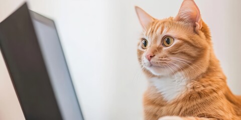 Orange cat curiously watching a screen, displaying a sense of wonder and engagement.