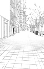 漫画風ペン画イラスト　繁華街_街並