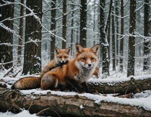 Watchful Eyes: Fox with her Cub on a Frosty Morning. Silent Guardians