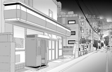 Obraz premium 漫画風ペン画イラスト 繁華街_街並