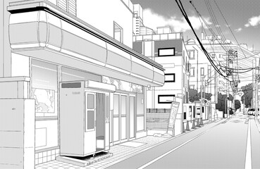 漫画風ペン画イラスト　繁華街_街並