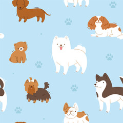 Cute dogs pattern. Seamless vector print with flat dogs. Adorable cartoon puppies pattern.