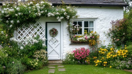 Obraz premium Charming Cottage Surrounded by Colorful Flowers
