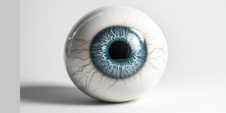 Close-up of a fake eyeball with a blue iris, showcasing artificial design and detail. High resolution image for illustrative purposes.