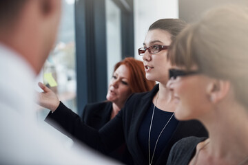 Business, employees and office on glass wall with planning for report, results or feedback. People, coworking and discussion for ideas on sticky notes with teamwork or collaboration on meeting