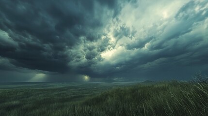 Storm over a flat meadow, with dark clouds swirling, generative ai