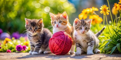Three Cute Kittens Playing with Yarn in Sunny Backyard - Adorable Pets Enjoying Outdoor Fun
