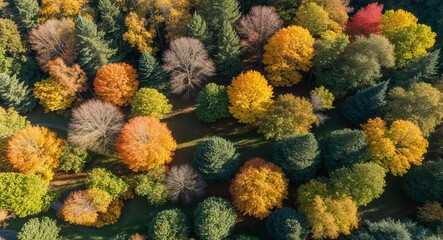 Forest canopy with autumn colors aerial view