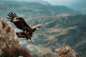 A majestic eagle soars over a breathtaking mountainous landscape, capturing a sense of freedom and the vast wilderness below.