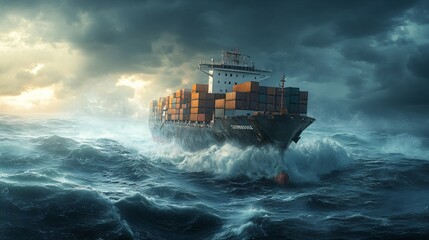 A large cargo ship braves the tumultuous sea under a stormy sky.