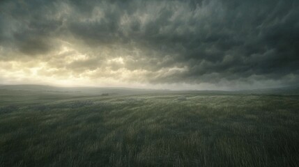 Obraz premium Storm over a flat meadow, with dark clouds swirling, generative ai
