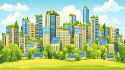 Obraz premium Green city with solar panels on buildings and roofs.