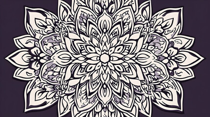 Intricate white mandala design on a purple background.