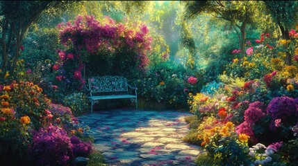 Serene Garden Pathway with Vibrant Flowers and Bench