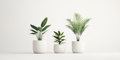 Three stylish indoor plants in white pots on a minimalistic white background.
