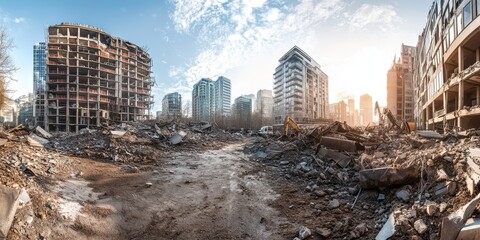 Panoramic shot of a collapsed, modern city street during the daytime, capturing apocalyptic destruction, in high resolution.