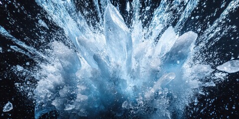Explosion of ice with blue rays and splashes on a black background, captured in high resolution with a professional DSLR camera.