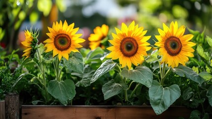 Obraz premium Bright Sunflowers in a Garden Setting
