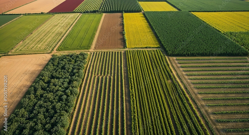 Poster patchwork fields with diverse crops from above