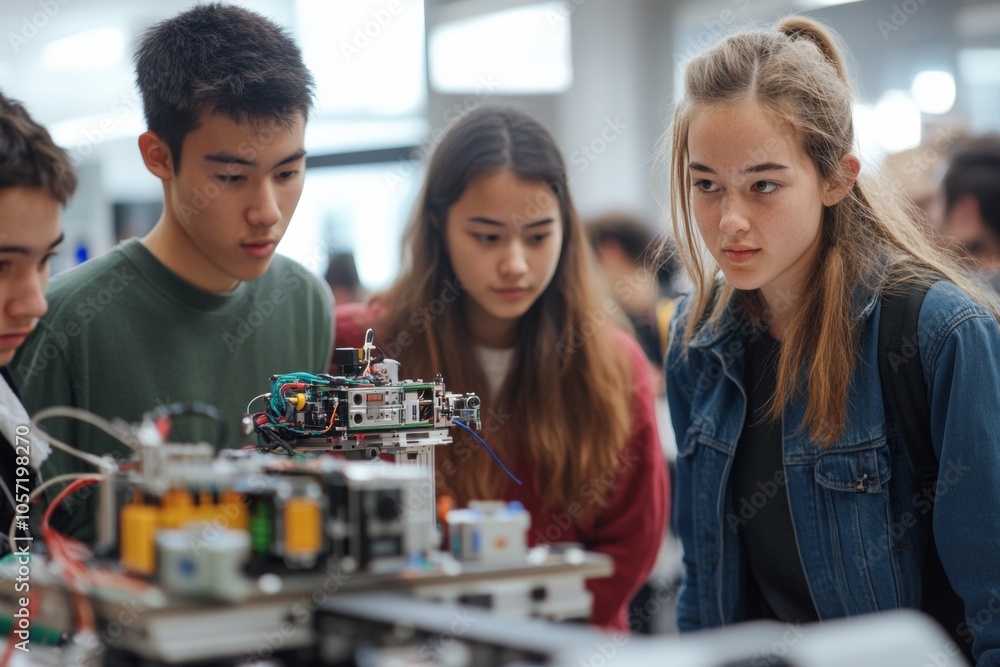 Poster a group of students examines a robotics project at a technology fair, discussing the design and mech