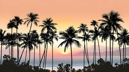 Obraz premium Silhouette of palm trees at sunset over the ocean.
