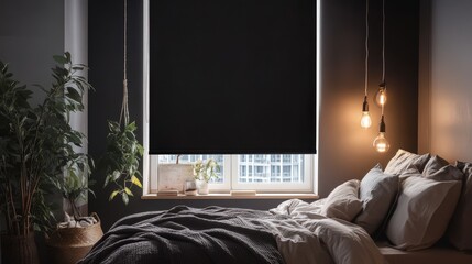Blackout roller blinds in a cozy bedroom, fully drawn to block out light, creating a peaceful, dark environment for rest, with soft bedding and minimalist decor 