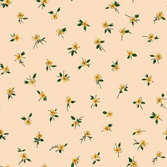 A small floral pattern on a light pink background, with small flowers in yellow and green. 