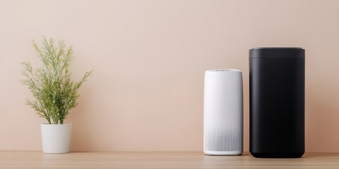 Two modern speakers beside a small plant on a wooden table against a beige background.
