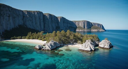Rocky island with tall cliffs and clear waters aerial