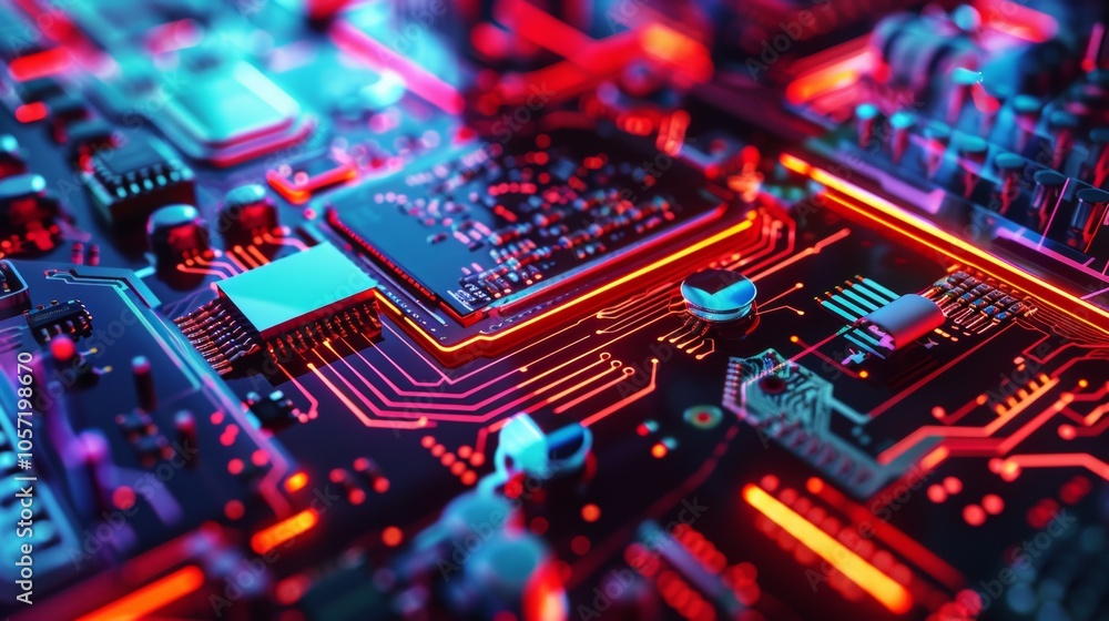 Poster macro view of illuminated circuit board with neon colors