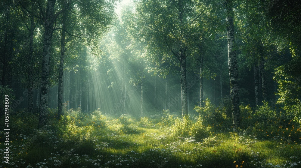 Poster serene forest scene with sunlight filtering through trees.
