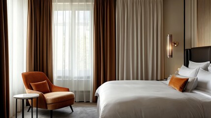 Double-layer curtains with a combination of sheer and blackout fabric, offering both privacy and light control in a chic, modern bedroom