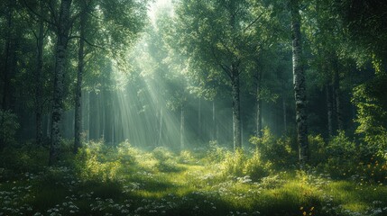 Fototapeta premium Serene forest scene with sunlight filtering through trees.